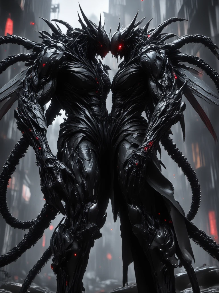 HDR photo of ici, an alien warrior with glowing red eyes, back view, large industrial hallway with ceiling lights, medium shot . High dynamic range, vivid, rich details, clear shadows and highlights, realistic, intense, enhanced contrast, highly detailed