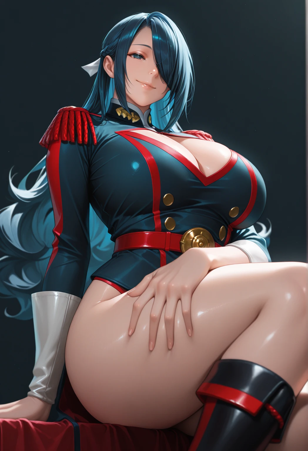 Jenny-pokemon sitting on bed, goregous police woman, sitting, perfect legs ((arms behind back)) unbutton shirt, busty, colossal cleavage, lipstick, smiling, police cap ((plain background:1.3))