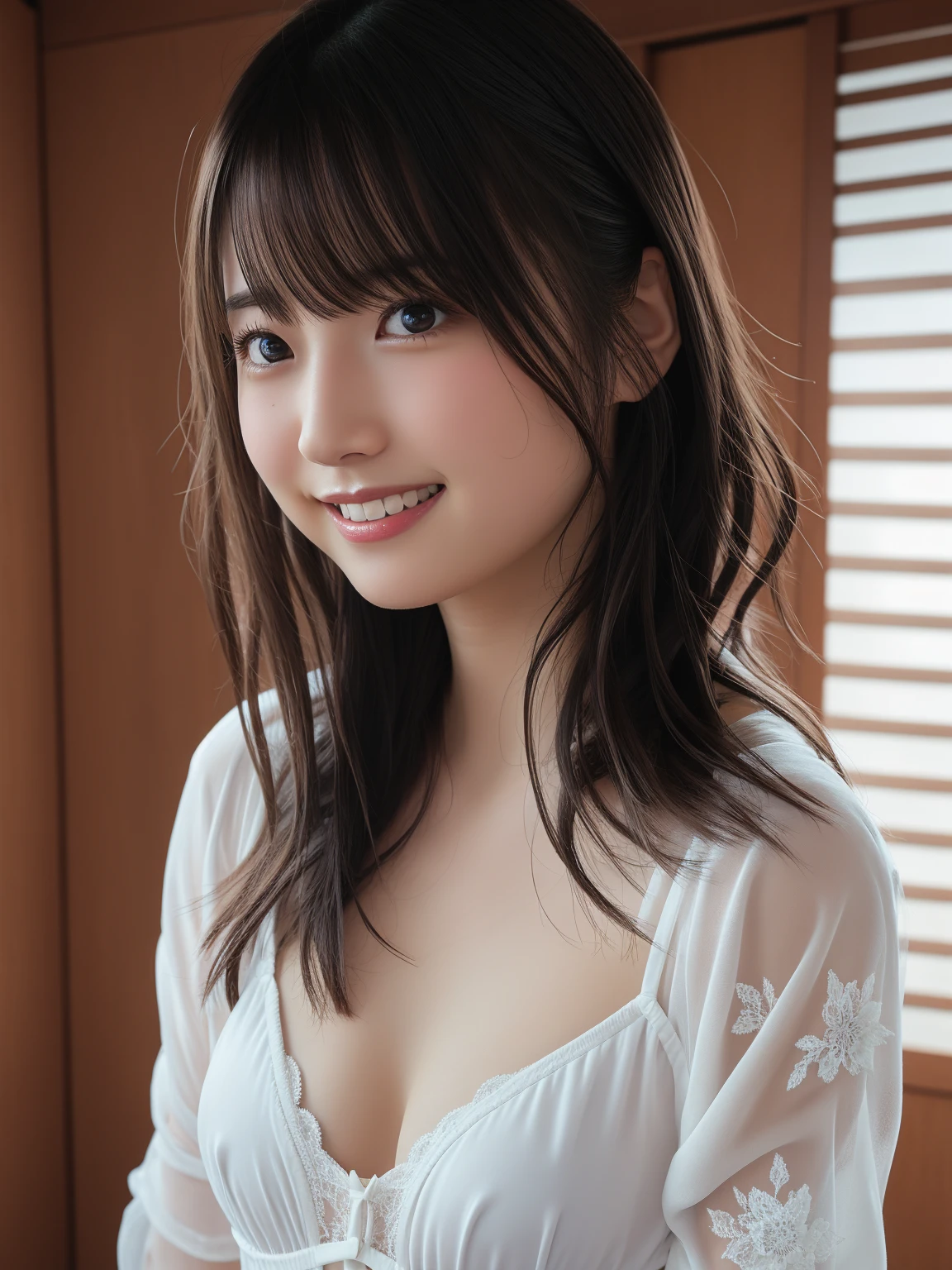 Beautiful 26 years old woman。she is wearing a camisole。She looks ecstatic as if she had an orgasm during sex..。her dark brown hair、、her hair is long。High resolution、masterpiece、highest quality、Head w:1.0、((Hasselblad Photos))、fine skin、fine knit、(movie lighting)、clavicle . she is smiling.