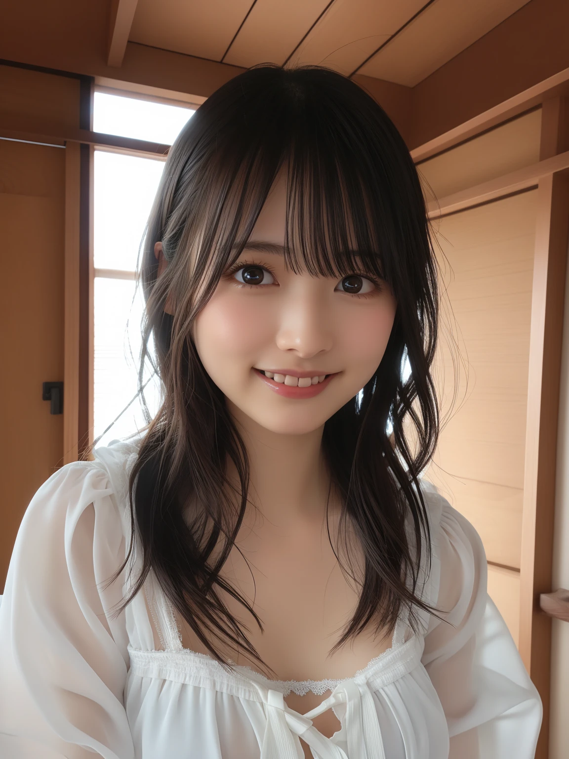 table top, highest quality, shape, Super detailed, finely, High resolution, 16k, perfect dynamic composition, straight hair, medium hair, brown hair,natural color lip, smile, 20歳のgirl、cute、beautiful、完璧でbeautiful顔, beautiful and detailed face, slim face and body, Elegant face, KPOP idol face、Japanese idol faces、small face、Big eyes, brown eyes, droopy eyes, 緻密でbeautiful目, girl, near the river、yukata、 front face、Upper body