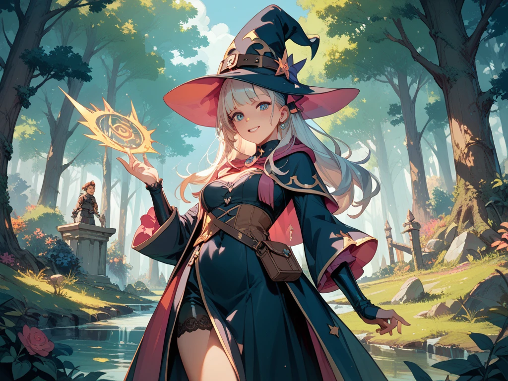 (1girl), witch hat, demon horns, fungus, mushroom forest, amethyst, winter themed, fluffly clothes, furry texture, teddy-texture, red crimson moon, dark fantasy forest, magical poisons and artifacts, potions in skull shaped bottles, sparkles, night