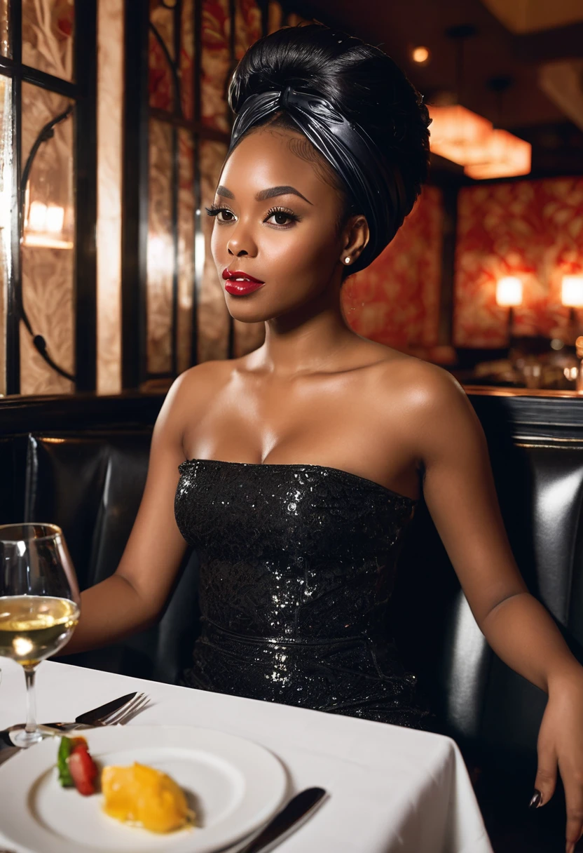 Beautiful woman Ebitimi wearing red dresig ))), (((cleavage))), vestido ornamentado branco, mulhee negra africana, mulher negra bonita, beleza estonteante, mulher deslumbrante, Tema branco cabelo ondulado, mulher africana, drinking coffee in a hotel
