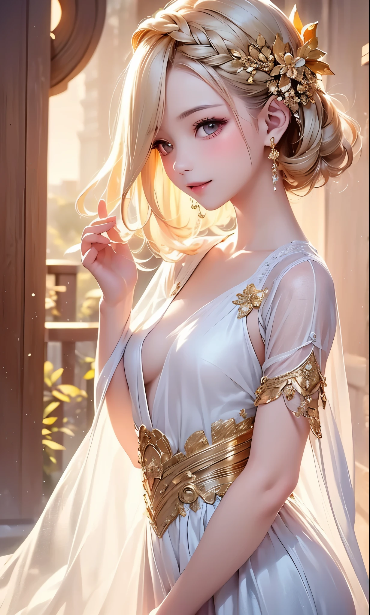 (masterpiece),((best quality)),(perfect anatomy),(Beautiful and luxurious:1.2),1 girl on break day,happy expression,small breasts,((Golden Hair Beauty)), beautiful shrine garden , Transparency,short hair,gentle color,pastel color,cinematic lighting,(Highly detailed 2D illustrations),((very delicate and beautiful)),feels silky,cowboy shot,(from the side),(Sideways glance),happy atmosphere just like a dream