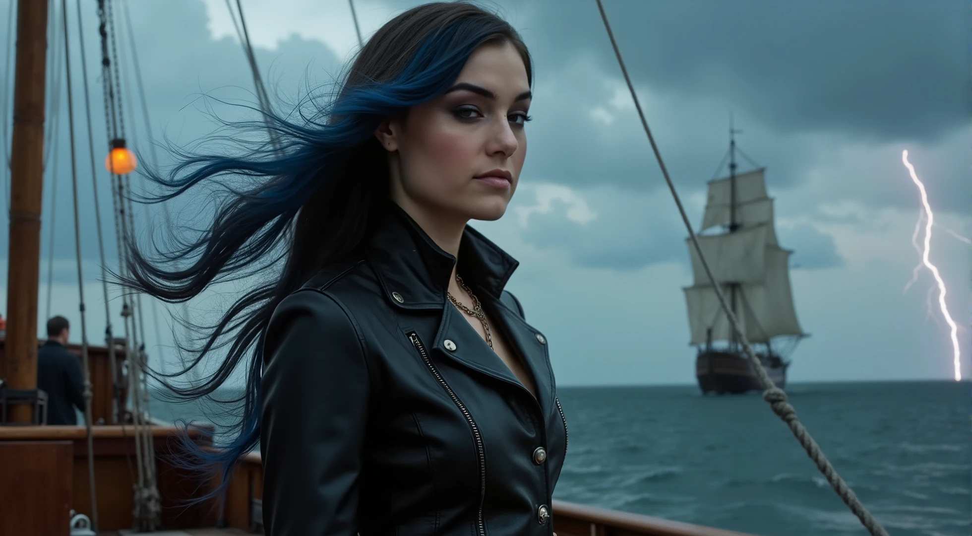 A stunningly fashionable woman commands the deck of her ship, seamlessly merging elements of fantasy and realism in her striking pirate-inspired ensemble. Her silhouette is elegantly proportioned, exuding confidence and allure in her fitted black leather coat, embellished with intricate silver buckles and delicate lace patterns that speak to her adventurous spirit and noble lineage. The flowing waves of her long, midnight blue hair create a dramatic contrast against the rugged attire, catching the light and adding a touch of enchantment.
Her captivating eyes, a mesmerizing blend of luminescent violet and fiery amber, sparkle with mischief and determination as they scan the horizon for hidden treasures. Scars along her arms serve as compelling reminders of her daring escapades, each one a testament to her strength and resilience. Surrounded by an aura of mystery, she carries a flickering crimson halo that evokes the essence of twilight, hinting at stories untold.
The backdrop pulses with the energy of the high seas, where the ship's sails billow majestically against a stormy sky, illuminated by the dramatic flashes of lightning. This charged atmosphere envelops her, amplifying her enchanting yet formidable presence as a true queen of the ocean. Her confident smirk reveals a readiness to face any challenge, embodying the perfect blend of elegance and ferocity in this high-fashion pirate narrative.