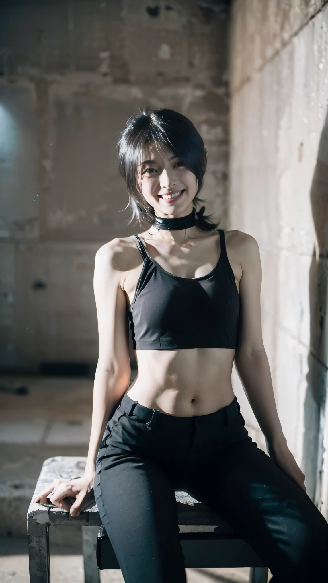 (masterpiece), best quality, amazing quality, beautiful face, ((perfect assets)), (sitting), HD, best quality, expressive eyes, perfect face, reze, short hair, black hair, abs, Kazakhstan girl, (crafting dynamite bomb), leggings training track long pants, simple bra, martial arts, ((crafting tools)), sweaty, toolkits, chair sit, home, legs, navel, reze, stripes legging, wrenching, reze, black hair, green eyes, old boarding apartment background, cowboy shot perspective, black T-shirt, smiling, ((craft bomb tool)), bedroom, workshop, villain woman