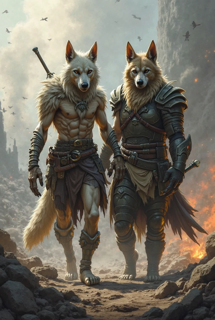 Couple of Sexy young anthro furry wolf males mercenary medieval soliders, slim endomorph muscular, anthro handsome gay shorter muzzle, handsome gay model male apperance, sword scars, worn out leather skimpy armament, low on hips heavy leather belt, old very worn out skimpy dirty linen material jockstrap, old yellow dirty worn out stains on white sawn bulge jockstrap, very visible "x" brown seam pattern on the jockstrap, studded skimpy armlets breastplate armor, skimpy breastplate, leather bondages, fingerless leather gloves, smelly unwashed husk, dirty body look, desert battlefield, one hugs gropes his partner from behind, rubs his jockstrap against his partner ass anus, touches him gropes his jockstrap and torso, kisses his neck, both are blushing, both are horny, bulgy jockstrap, precum, legs wide open