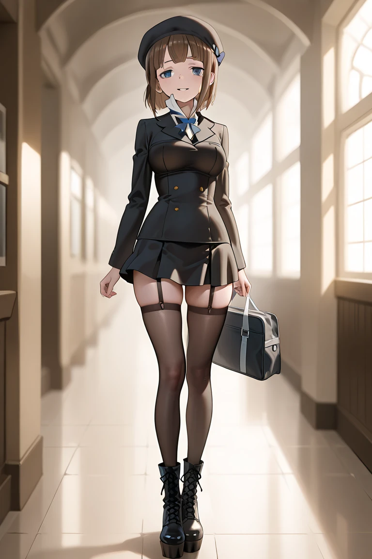 (masterpiece,Highest quality:1.3,best quality illustration,realistic),cowboy shot,1woman,20 year old Japanese beauty,((very small head:1.3)),brown short bob hair,bangs,brown eyes,gorgeous eyes,blush,smile,small breasts,((very long body:1.3)),((toned body,slender body,skinny,tan skin)),(navy uniform、Dark blue blazer jacket、White Shirt、Navy blue tie、Navy blue tight skirt),gleaming skin,shiny skin,sweat,standing,Naval Base、