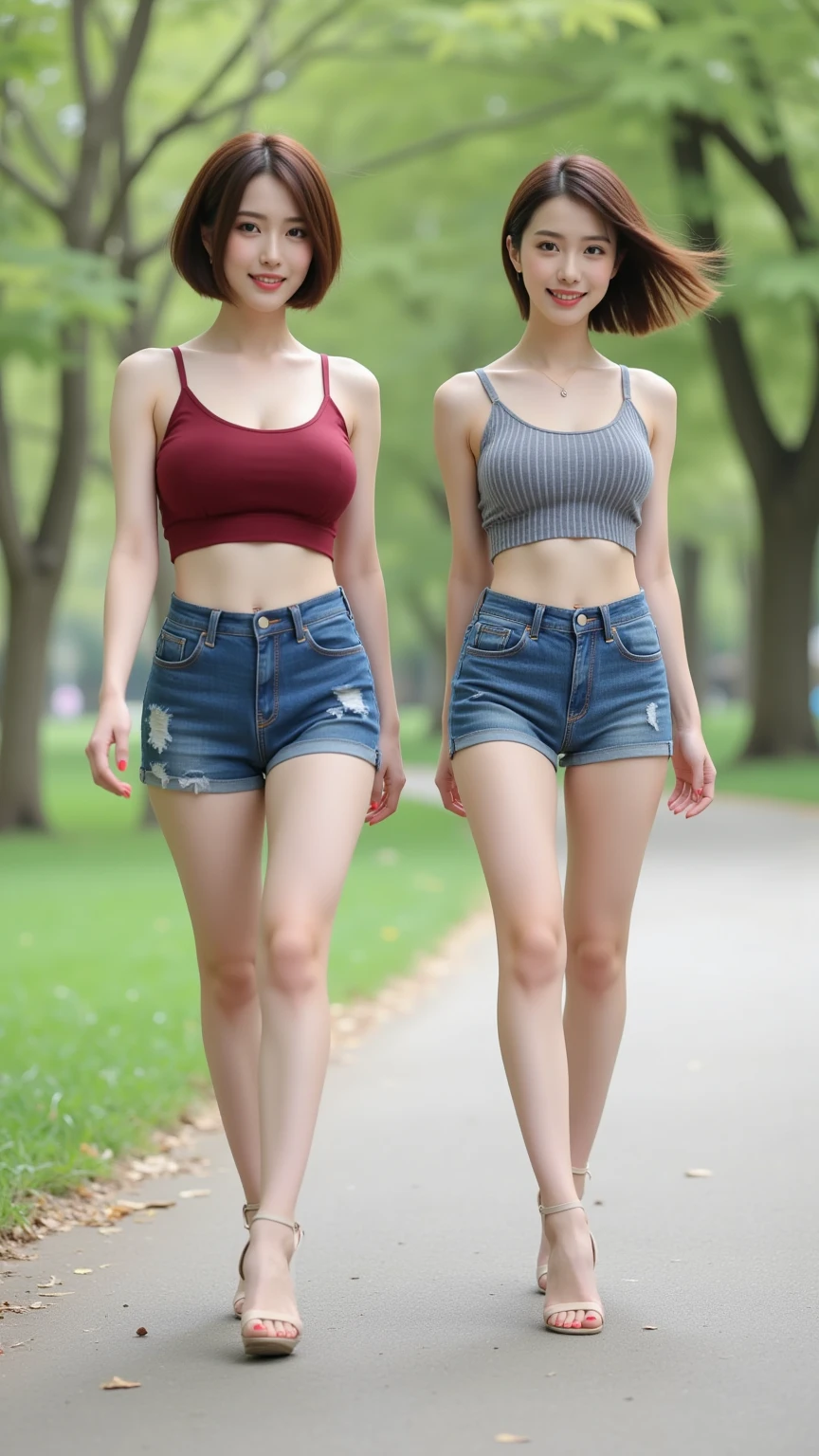 (((full body view))), (only 1 woman),19 years old, (masterpiece, intricate details), beautiful Irish woman with a symmetrical face, perfect body, beautiful landscapes, shiny skin (perfect hands), long brown hair, bangs, half bangs, magenta eyes, pink earrings, rings on the right pinky, (((30% short pink blouse with bare shoulders and a lot of v-neck, 10% denim shorts))), under the breast leaf-shaped jade necklace