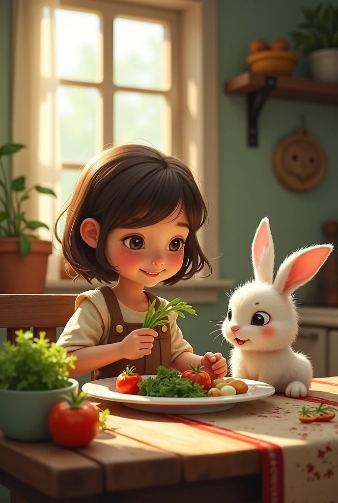 A little girl with delicate and beautiful facial features is camping in the forest，On the table in front of her was a plate of shrimp and a plate of fish，The little girl had a happy smile on her face，There is a small white rabbit next to the table，The background is a tree
