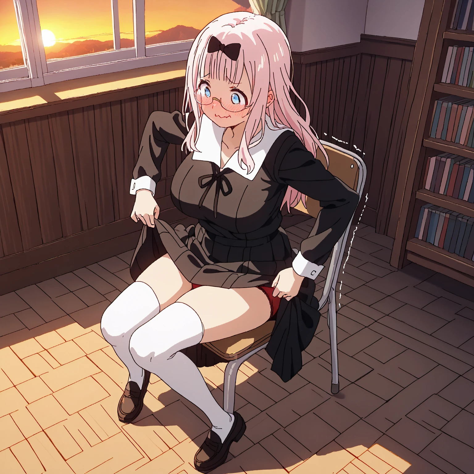 、Pink Hair、Spread your legs、I can see her pantieedium Hair、、Pale blue eyes、Head to toe full body、Blushing、Embarrassed look、Composition from the front、A view from slightly below、Sit facing forward、No shoe-shaped legs、squat、Spread your legs in an M shape、Grab my leg、、、blazer、White blouse、Navy blue ribbon、Short pleated skirt、White panties、black pantyhose、(black_pantyhose):1.2)、White panties are visible、bedroom、Inside the room、Daytime、Panty shot、Staring at the audience、Thin legs、Thin thighs、Slim toe、Squatting on the stairs