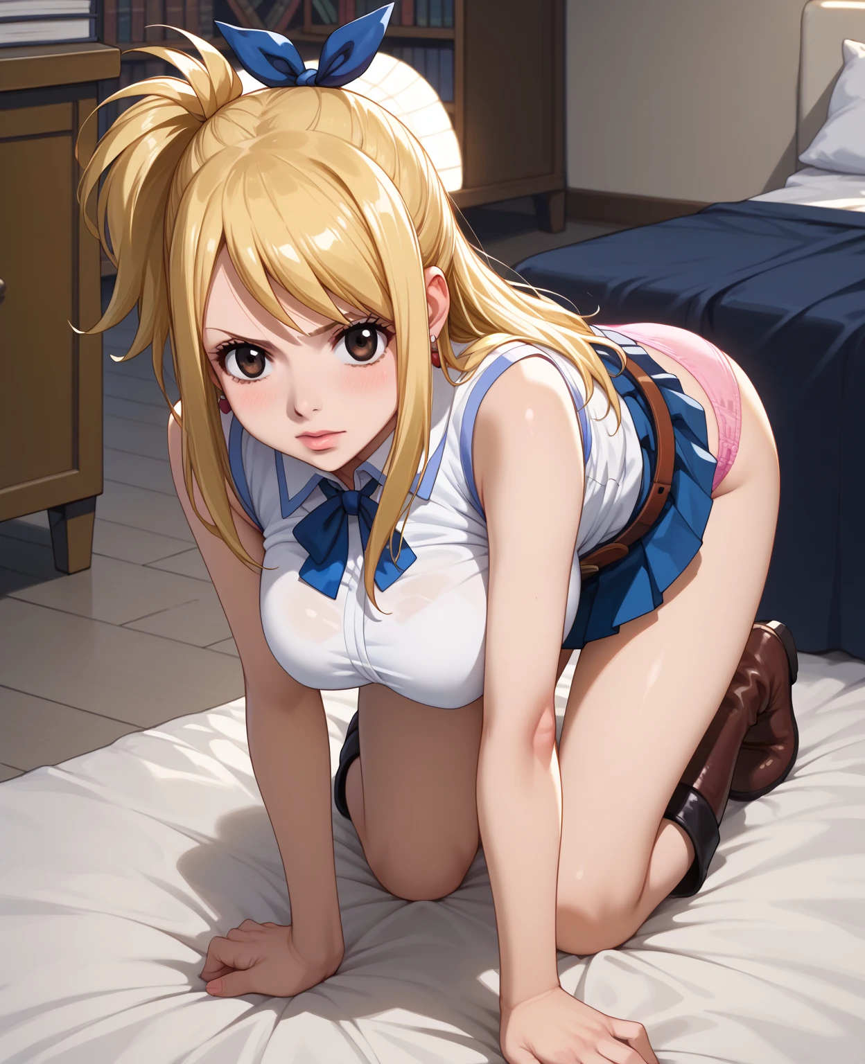 score_9, score_8_up, score_7_up, 32k, masterpiece, best quality, ultra HD quality details,
lucy heartfilia, blonde hair, long hair, large breasts, white shirt, sleeveless, belt, blue pleated
skirt, knee boots,One side up, ribbon, hair ribbon, blue ribbon,pink panties、fucked doggystyle、messy room、on the ,looking at viewer、beginner, doggystyle