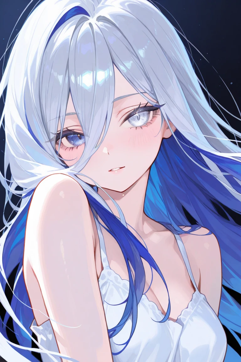 masterpiece, best quality, ultra-detailed, illustration, portrait, 1girl, black_hair, blue eyes, grey hair, swimsuit, bikini