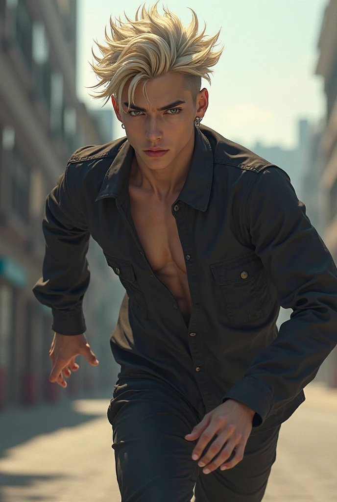 19 year old male blonde likes street racing and wares baggy pants and a cropped jacket 
