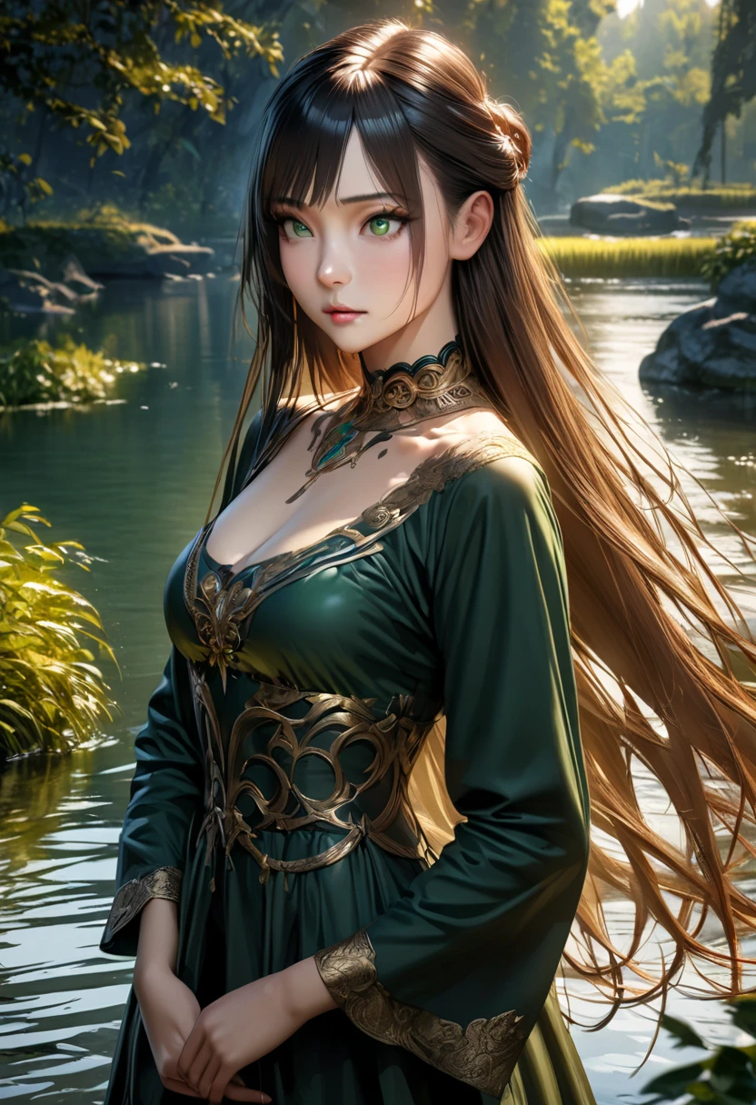 ((best quality)), ((masterpiece)), (detailed), full body depiction, long hair, (fantasy art:1.3), cute girl, highly detailed face,green dress,  beautiful artwork illustration, (portrait composition:1.3), (8k resolution:1.2), (rating_explicit), (score_9, score_8_up, score_7_up, score_6_up, score_5_up, score_4_up, high res, 4k)