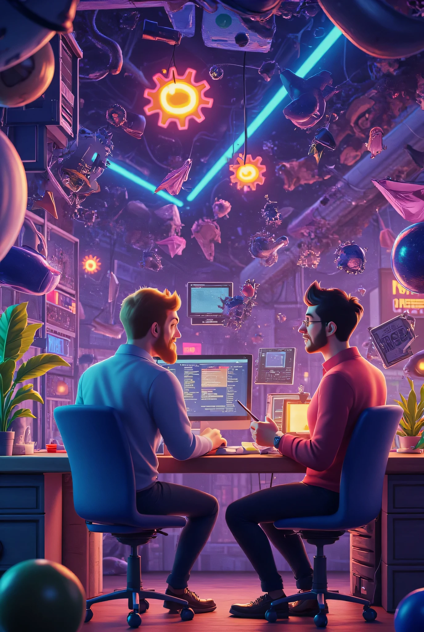 A stylish illustration of a back-end development team in a modern workspace, surrounded by floating code snippets, database icons, and gears. The team looks passionate and energized, collaborating on a big project. The background is vibrant with tech elements like API flows, servers, and terminals. Artistic flat design, slightly abstract, with bold colors and high-tech vibes.