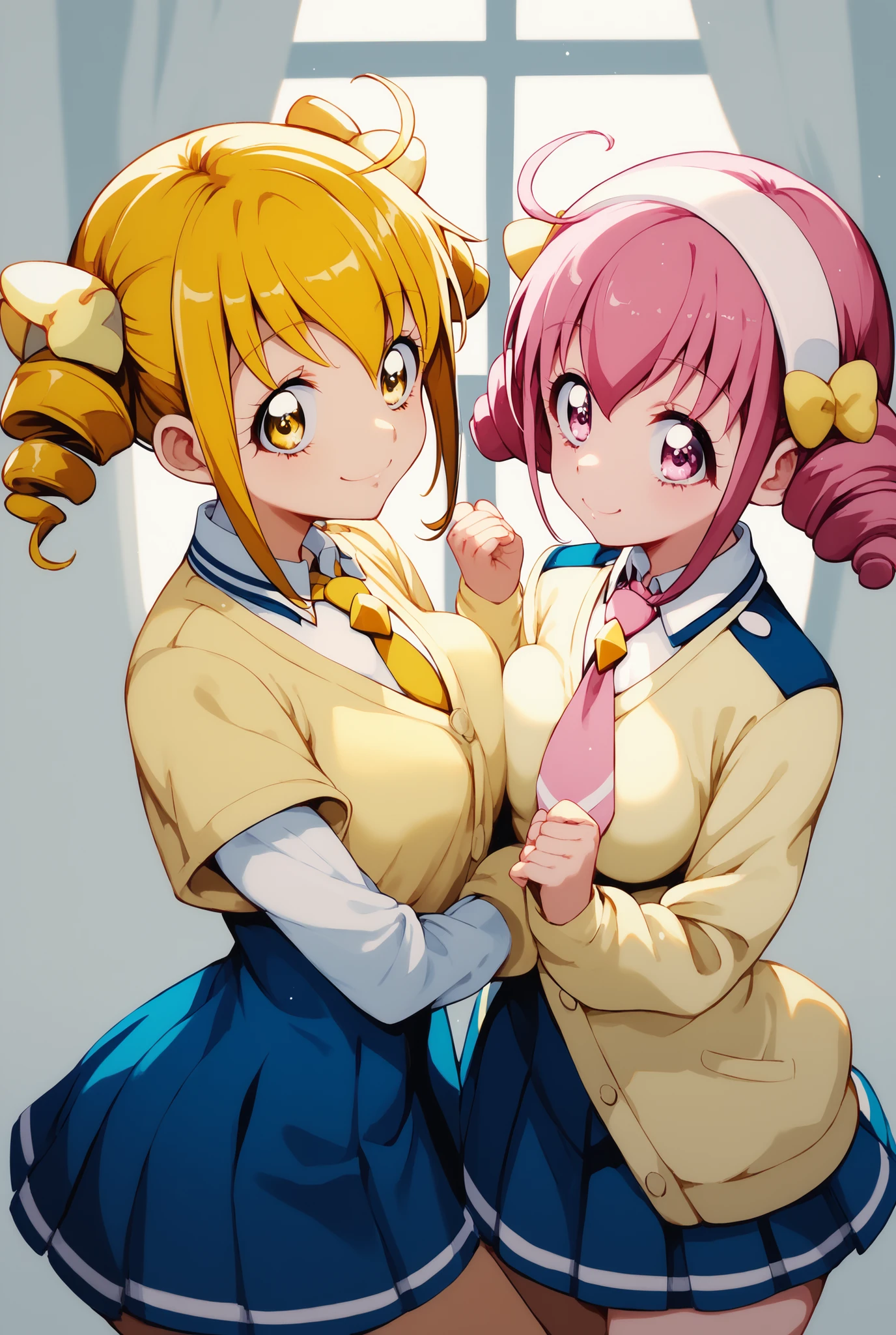 2girl,symmetrical docking, kise yayoi, yellow hair, yellow eyes, white hairband, hair ornament, medium hair, nanairogaoka middle school uniform, yellow necktie, yellow cardigan,medium breasts,hoshizora miyuki, pink hair, twin drills, pink eyes, nanairogaoka middle school uniform, pink necktie,教室,