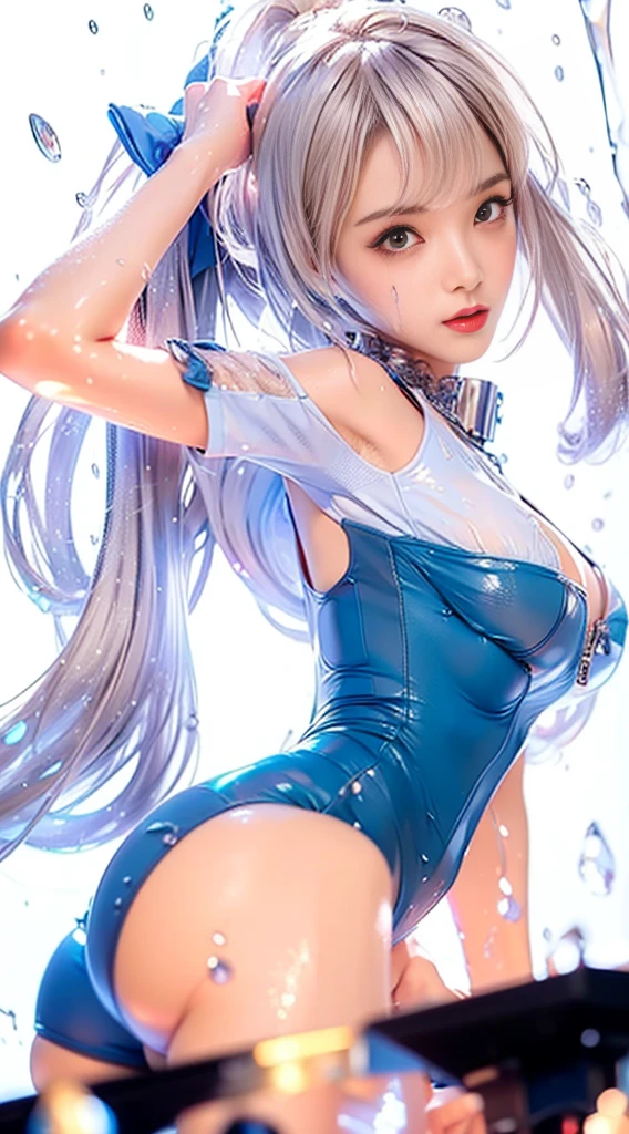 Anime girl with white hair and expressive blue eyes, Abundant breasts and sensual curves, Young realistic anime girl, Realistic anime art style, Anime style,,8K, Attractive