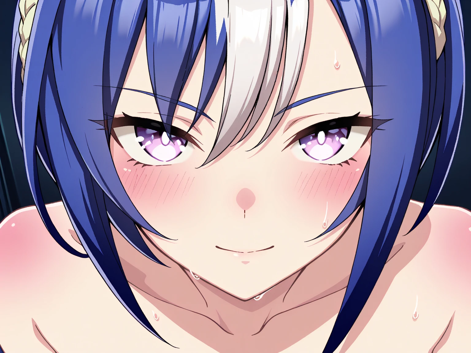 Ultra-detailed illustrations、Ultra-precise expression、masterpiece、Highest quality、ultra High resolution、High resolution、Hiromitsu Takeda Style、White background、Simple Background、penis、クリームでデコレーションされたpeniash Kyrielight、light purple hair,short hair,hair over one eyes、Completely naked、