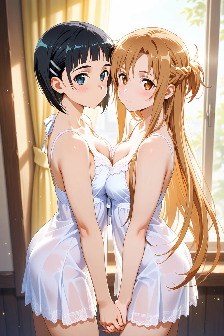 fullnude、Girls in a courtyard, cute bow, (pubic hair), shy small smile, (FLATCHESTED:1.3)、flat chest, superflat chest, (one embarrassed girl naked: 1.3), (fully clothed girl holding naked girl:1.3), one embarrassed girl naked and second girl in sundress, zero breast size, blunt bangs, red-haired girl with two long braids and the second girl is blonde with two ponytails, Shiny hair, Delicate beautiful face, White skin, Beautiful cloud, Dusk sky, rural girl, sundress