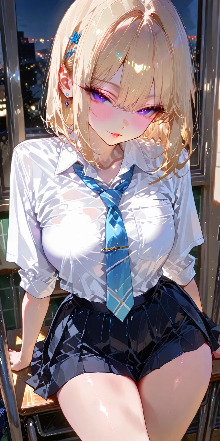 (((masterpiece,Highest Resolution,4K High Resolution,Crisp image quality:)Pussy juice(Detailed Hair,)(Inserting a dildo into a beautiful pussy)((Cool Beauty Teacher,Insurance Classes,Sex class:1.2)(Adult Women:1.5)Beautiful big breasts,blackboard,Pupil,Chalk,(It is getting attention from students)Shyly opening her legs,Tight Skirt,blouse,lipstick,Pussy juice