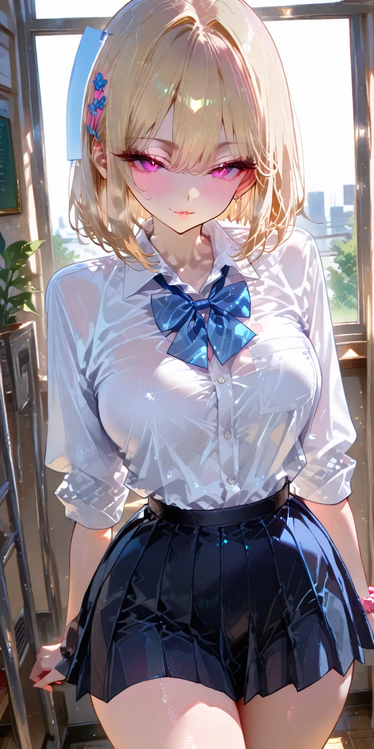 独奏、(Sailor suit summer uniform、Navy Pleated Skirt、Navy blue micro hort sleeve white shirt、Navy Blue Ribbon)、(Big Breasts、slim、Slimming、Muscular、Beautiful Abs、Bare thighs)、Blue Eyes、(I opened my mouth slightly、Sexy look、Blushing)、(Blonde、Shortcuts)、NSFW、high school girl、high school、classroom