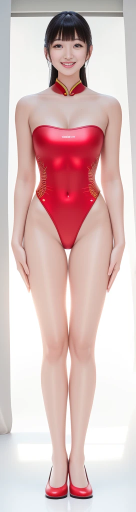 On a white background,A tall and beautiful Chinese girl,with fair skin,Toothy smile,A big smile,When you laugh, Your eyes are crescent-shaped,blunt bangs, long straight hair,Wear a one-piece swimsuit and pumps,Swimsuits are decorated with joyful patterns, Stand up straight,Stand upright,hands on sides,Symmetrical distribution,Ray tracing,All shaded areas,No windows, Soft lighting, Warm light, flood light, n, Studio light, 1.4x Realistic Ultra HD