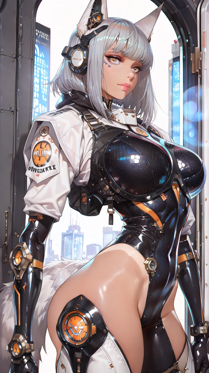 ((seductive girl:1.2))、((cyberpunk))、((Futuristic))、((huge breasts:1.2))、((huge hip:1.3))、((highleg:1.3))、Woman in pose with buttocks sticking out, Scientific background, and draw the full body, Black costume, Vibrant colors, Enamel Art, Natural posture, glamorous、((Glossy realistic skin texture))、((shiny skin))、((elaborate hand:1.2))、masterpiece, ultra-detailliert, 8k, hiquality, Top image quality, Smooth texture、watercolor