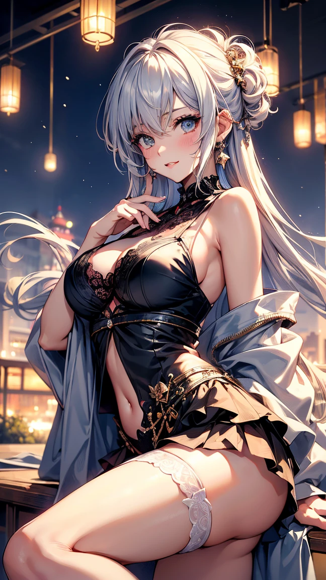 top-quality、Top image quality、tmasterpiece、girl vs..((Sixteen years old、medium chest circumference、obsessed、3/4 body likes、tempting pose、Breasts wide open,sliver long hair、micro-curly hair、Curvy body、Grand canyon、Transparent silver dress,Modern sexy clothing、dragon girl))、high high quality、beautiful art、Background with((natta、mysterious bedroom、Night fantasy and the aurora sky outside the window)))、visual art、depth of fields、Diamonds adorn clothes、Lace、on top of bed、