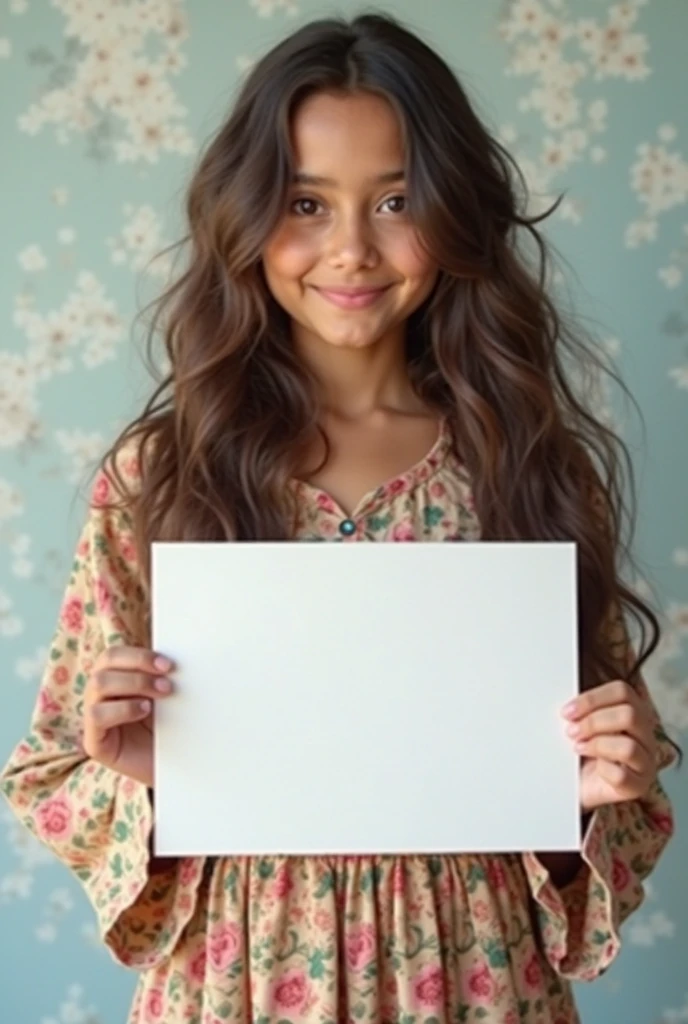 Beautiful smily boy with wavy long hair, bohemian dress, holding a white board with text "youtube" and showing it to the viewer