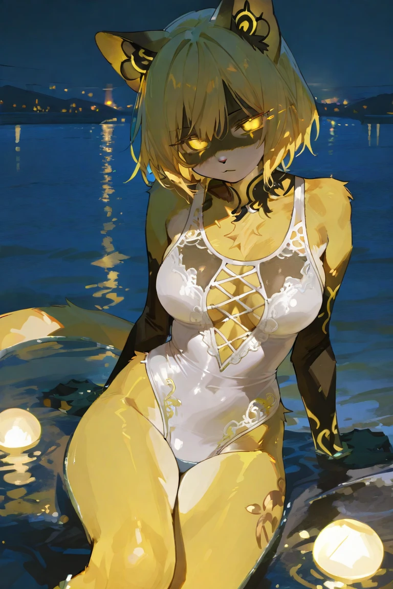 Tanya Degurechaff , milf, mujer mayor, cabello rubio, deep v dress, (( deep v dress Black, plunging neckline, breast curtains, Revealing clothes, ruborizada, sonrisa, feliz, oiled skin)), short hair, yellow hair, (( arms behind the back )), ((arms behind the back )), Curvy body, small breast, (( very small breast )), abs , muscle, Iparuputsua, standing , piernas abiertas, ((open legs)), en la playa de noche, luces de ciudad a lo lejos, Cancun .