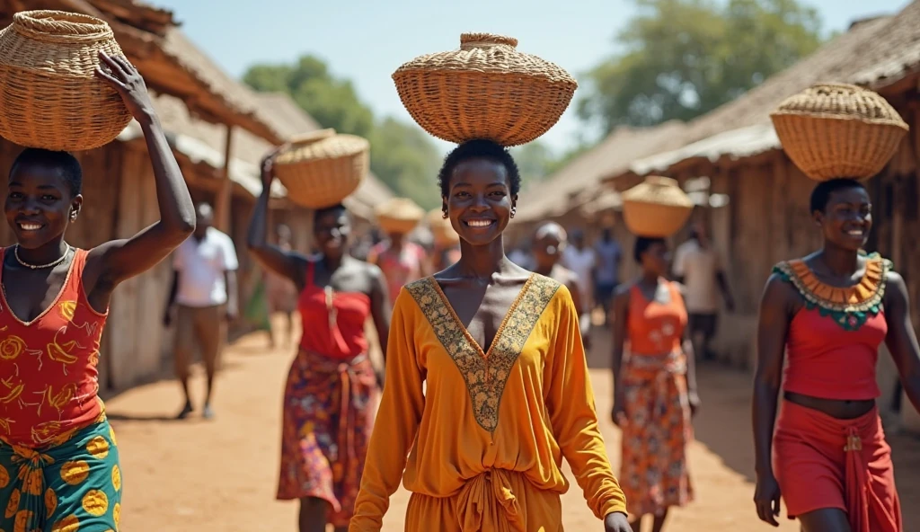 ((best Generate a 16:9 image depicting a lively African village scene with bustling markets, vibrant colors, and people engaging in joyous activities. quality)), ((masterpiece)), (detailed), perfect face