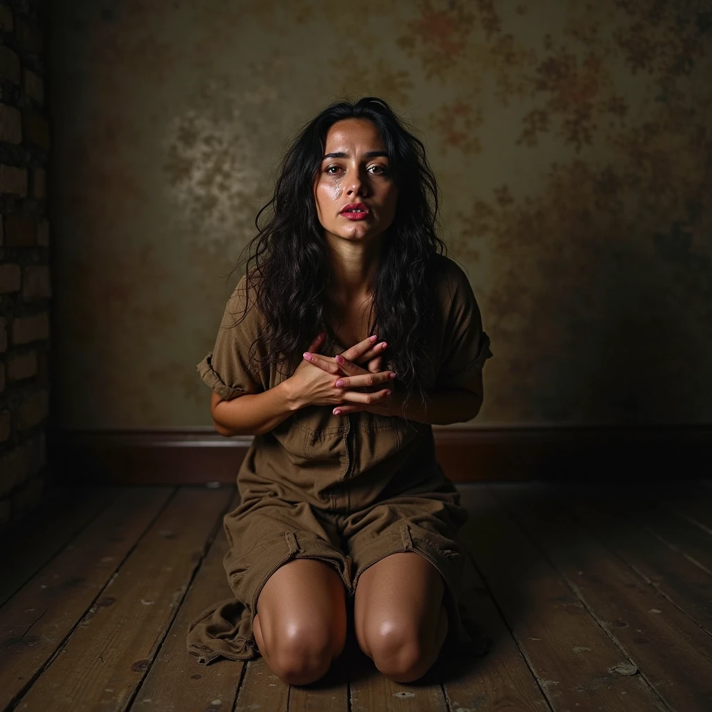 A woman in deep emotional distress, kneeling on a wooden floor in a ...