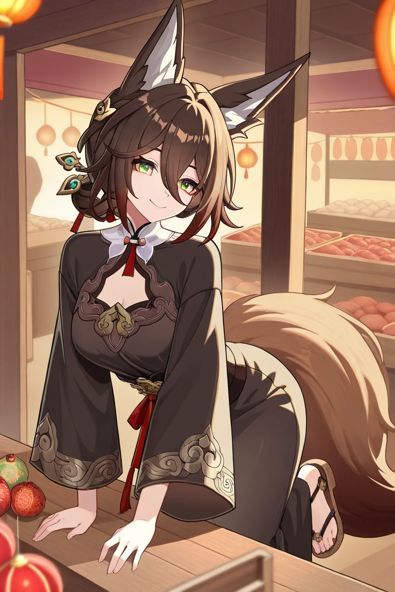 (Masterpiece，The highest resolution，8K Wallpaper，Maximum drawing quality)，1 girl，Alone，(Huge fox tail)，long brown hair，green eyes，Small flower headdress，21 year old university student_C cup，modern architecture, (blush:1.3),demonstration , in the stomach_succubus tattoo, a milf, Sexy JK uniform，In a sex toy store，