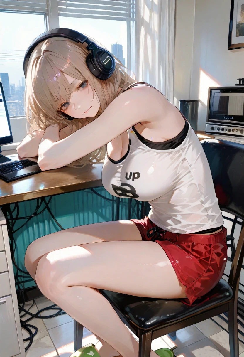 (Best quality, 8K, Masterpiece:1.3, 1girl, Beautiful girl), cute, Dynamism, Detailed face, Detailed skin, detailed clothes, Detailed eyes, Detailed lips, Detailed tongue, Detailed fingers, Detailed mouth, Photorealistic, Raw photo, highres, hight resolution, Natural lighting, dynamic pose, perfect anatomy, toned legs, double eyelids, tear bags, round eyes, moist lips, sweaty, (The background is a cyberpunk room with a large number of monitors), laptop, blush, Pink hair, headphone, headset, Female Game Commentator, gazing at viewer, (masturbation), wet clothes, sheer wet, gaming chair, youtuber, short hair, white hoodie, nsfw, sitting, cowboy shot, shape of nipple