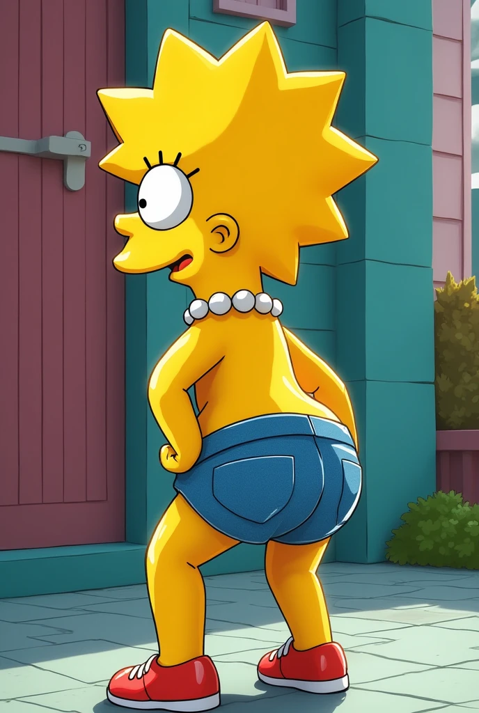 score_8, score_9, BREAK, 1 girl, Alone, Maggie, yellow skin,hair bow, blue dress, outdoor, adorable, natural lighting, , bottomless, spread pussyy, vagina, from behind, legs open, again, crouched, squatting,, chibi , nude , vista al espectador