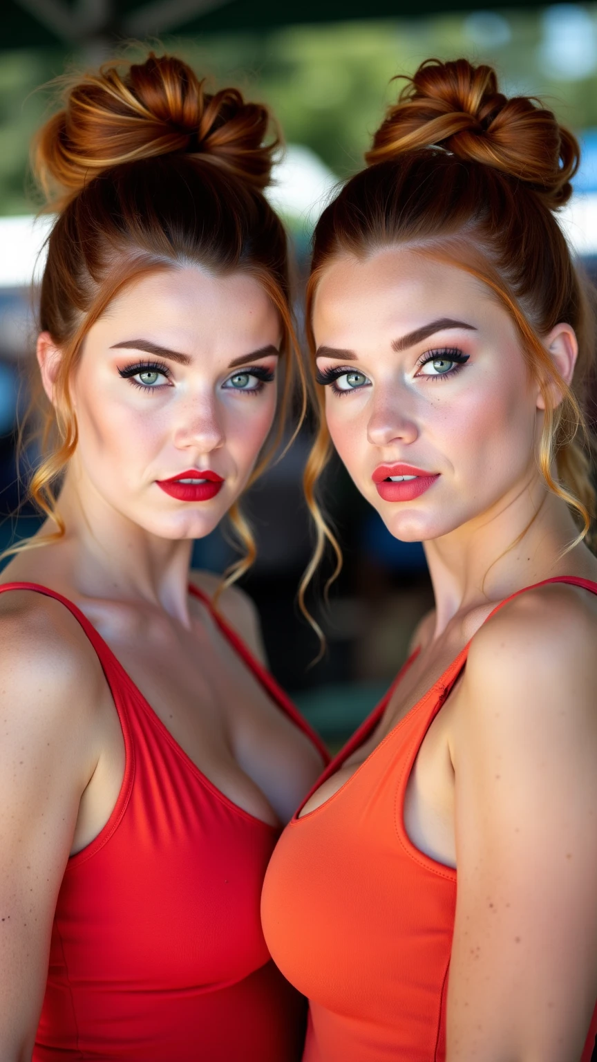 ultra realistic, photography, two women, one girl with long red hair, girl, 24 years old, hourglass figure, perfect body, Flirty look, extremely detailed artgerm, in the style artgerm, small breasts, facing the camera, Nikon z fx, lens 35 mm, blur background, the other girl has blonde long hair, blonde girl has red lips, they are both wearing bikinis, swimming pool in the background