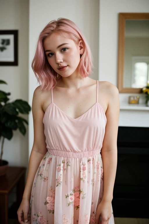 Generate a stylish young woman with short, wavy, pink hair parted on the side. She is wearing a short green dress depicting flowers. She has black fishnet stockings on her legs and black and white Converse-style sneakers with red socks. The character's accessories include a simple black choker around her neck and a silver ring on her right hand. her left hand is up in the air like she is waving to someone. The background should suggest an indoor environment, like a cozy room with a bookshelf filled with colorful books and modern decor. Her expression is neutral with slightly raised eyebrows, giving her a calm, casual demeanor. Use lighting that highlights her outfit and hairstyle, keeping the colors vibrant and the setting well-lit.The character should be depicted with a flirtatious expression: a playful smile, slightly raised eyebrows, and a subtle, confident tilt to her head. One hand should be on her hip, and the other hand could be holding a lock of her hair or lightly resting on her chin. She should be leaning slightly towards a woman out of frame, suggesting interest or attraction. Her body language should be relaxed, confident, and engaging. The setting should remain an indoor room with a cozy bookshelf background."