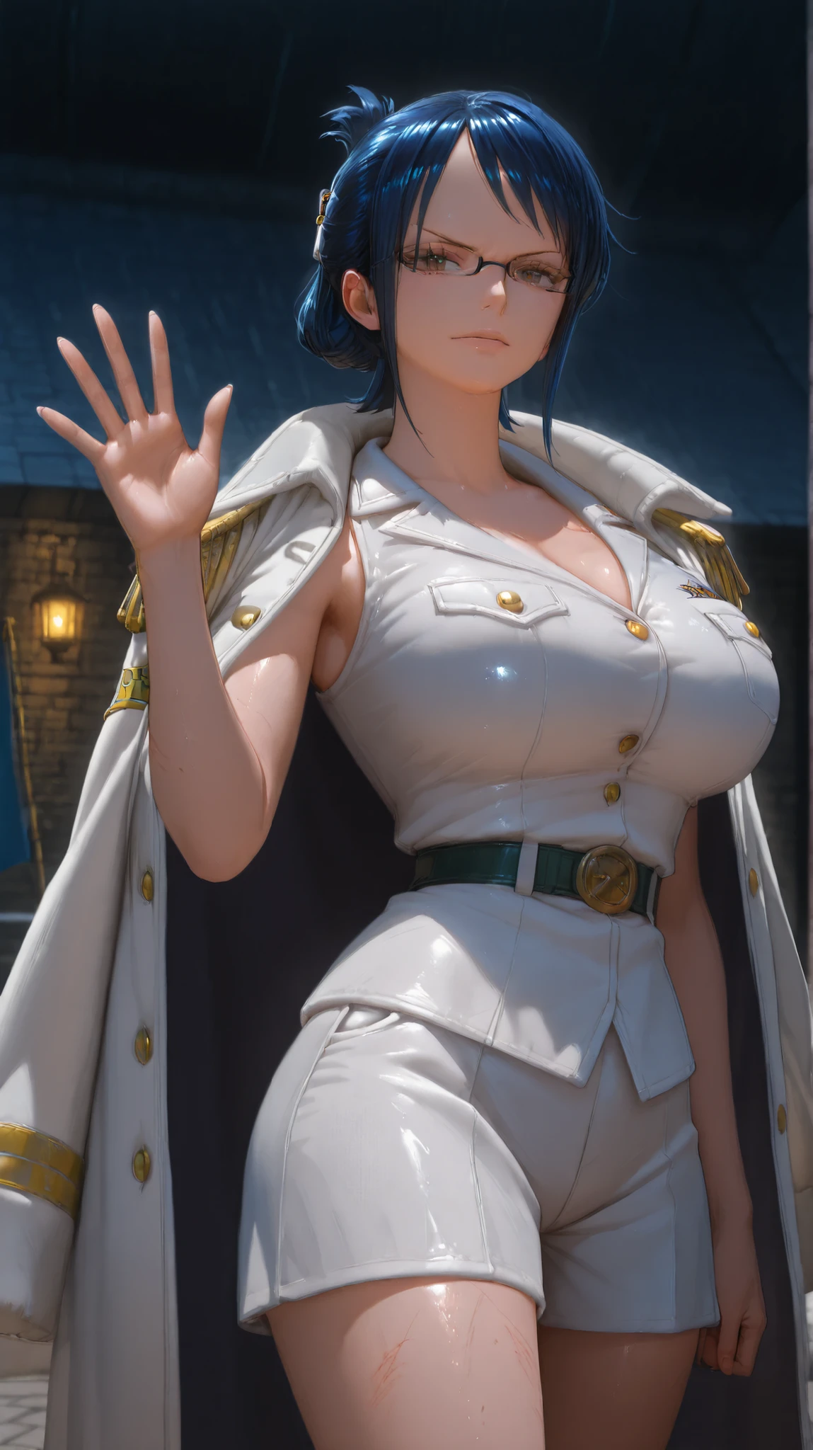 Create a hyper-realistic live-action portrait of a strong and disciplined female swordswoman inspired by Tashigi from One Piece. She has short dark blue hair, sharp glasses, and determined brown eyes. She has big brutal bigger breast. Her breast is bigger busty. She wears a white Marine uniform with a Justice coat draped over her shoulders, katana sheathed at her side. Her pose is upright and proud, standing in a navy base courtyard with flags waving in the background. Subtle scratches and wind-blown hair add to her battle-worn charm. Style: ultra-realistic, cinematic lighting, 4K film still, military and disciplined atmosphere.