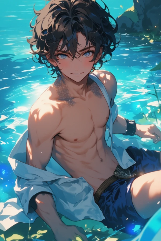 UHD, retina, ccurate, anatomically correct, super detail, high details, 2 boys playing in the water, inch, full body, tattoo, tattoo, swimming trunks, nude, clouds, sun, clean blue sky, smile, panorama,