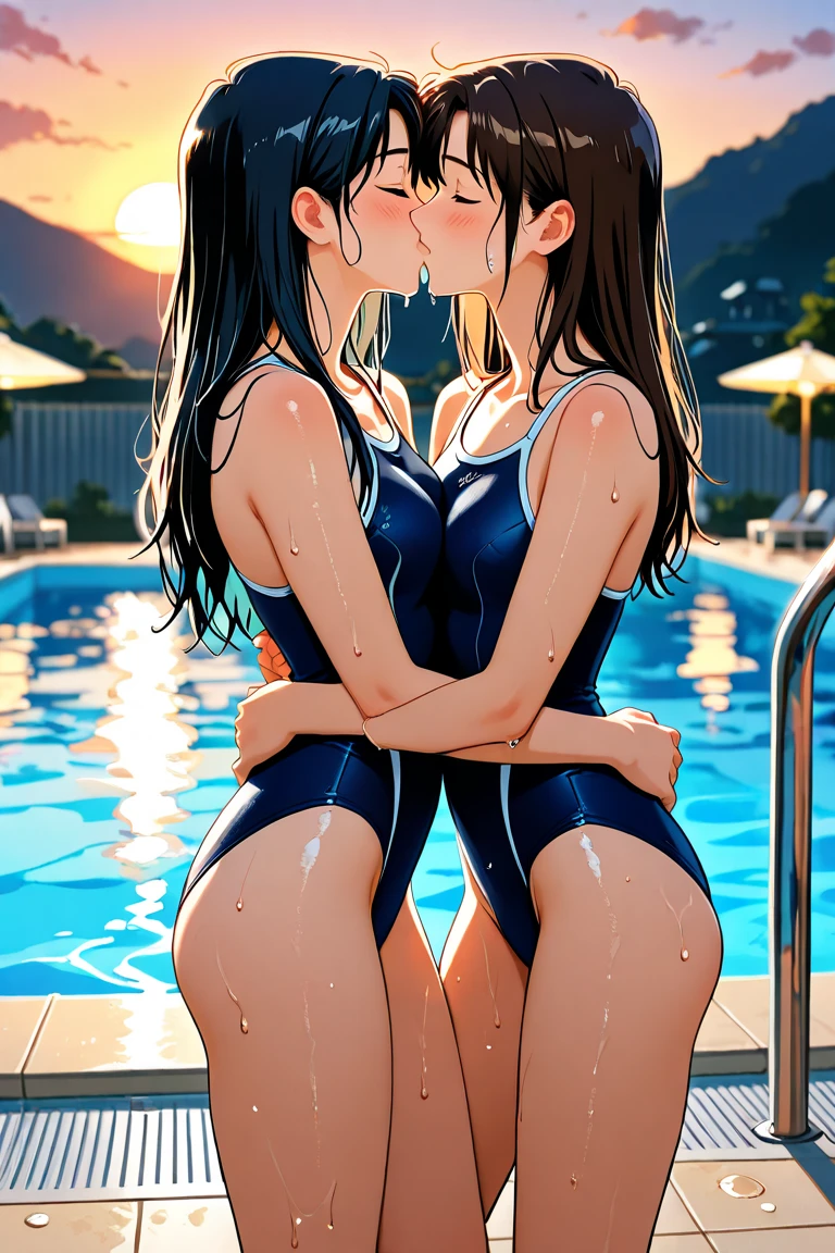 Two Women、beautiful girl、swimming practice、A large group of female students、Crowd of women、The crowd is wearing school swimsuits、high school girl、Navy school swimsuit、Long Hair、Poolside、Highest quality, Thick thighs、Big 、Big ass、Black Hair、Water Drop、Wet body、The girls huddle together、The crowd frolics、The two embrace、Passionate kiss、Tongue entangled、saliva