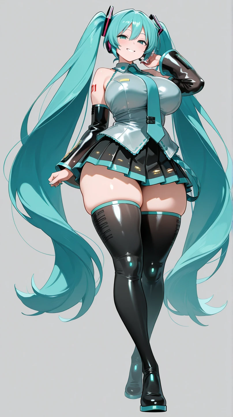 (((best quality, masterpiece, high resolution, ultra detailed:1.5))), 1 girl, ((hatsune miku)), (12 years old, cute girl, pretty face), (teal twintalls, teal long twintall) BREAK (solid white blouse whit pointed hem, solid white sleeveless clothe), BREAK (black independent sleeves, black detached sleeves:1.3), BREAK solid blue long necktie, BREAK (black micro mini pleated skirt, lowrise skirt hem blue), BREAK (fully exposed panties, blue stripes panties, skirt flutters), BREAK (black thighhigh boots, black thighhigh) BREAK ((gigantic breasts:1.5)), ((thin waist, small hips:1.2)), (((sweat, thic thighs:1.65))), ((long tongue, smirk:1.2)), blush, (do not tuck the hem, looking back:1.6),