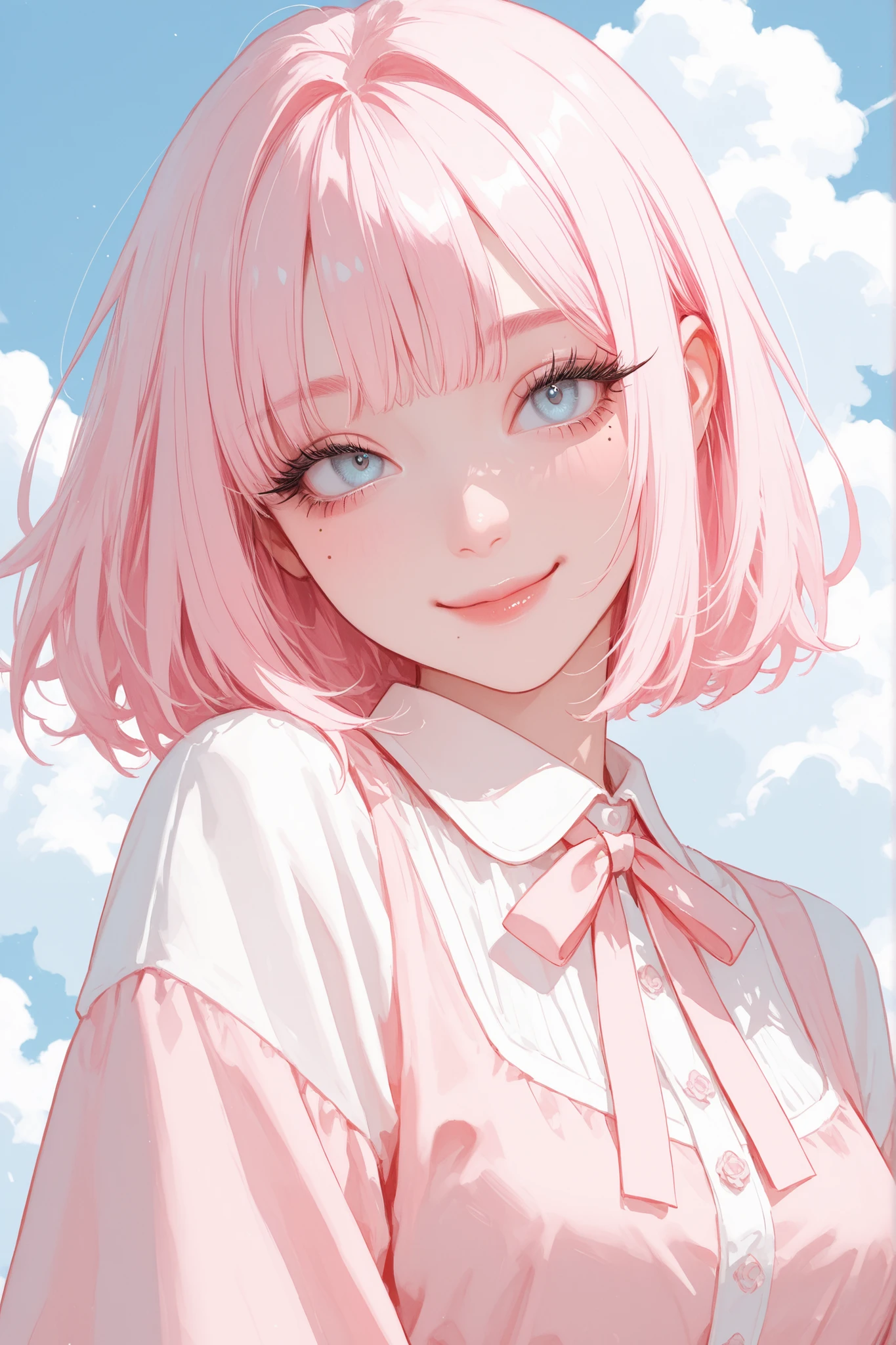 A beautiful girl, she has cute short light pink hair with bangs, light blue eyes, cute outfit, long eyelashes, cute smile, mole under her eye, on a background with clouds.