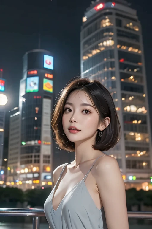 (half - body shot,streetlights,Moon),masutepiece, 1girl in, solo exhibition, Beautiful woman on a bustling street, Surrounded by peddlers, Portrait of a beautiful goddess girl, beautiful and detailed face, Porcelain Skin, (((bustshot, Center, Night, Black hair, Short hair)), Ultra-soft lighting, symmetry, Complexity, Elegance, high detailing, Realism, Art Book, Concept art,