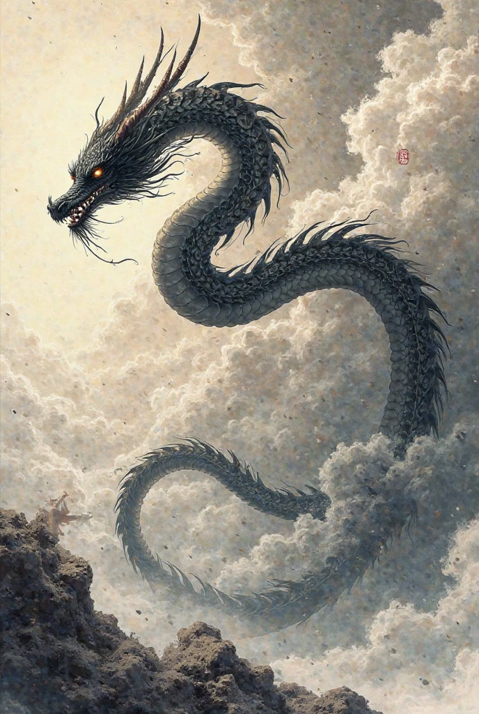 Anammo, Dragon, sharp 歯, eastern Dragon, monster, alone, horn, Male Focus, Monochrome, Robe,Size Differences, Open your mouth, nail, Spot colors、Xianglong、Ink Painting、Angry Dragon、Rising Dragon、fierce々Shii、獰fierceな、thunder、