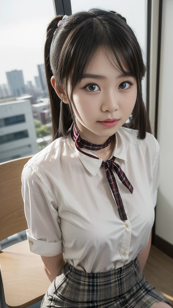 (masutepiece, Best Quality:1.2), 8K, 15yo student, 85 mm, Official art, (Transcendent Big:1.6), absurderes, White dress shirts, Pretty Face, close up, full body Esbian, violaceaess, gardeniass, Beautiful Girl, School uniform, (Navy pleated skirt:1.1), Cinch West, thighs thighs thighs thighs, Short sleeve, On a hotel bed、Looking at Viewer, No makeup, (Smile:0.4), Film grain, chromatic abberation, Sharp Focus, face lights, clear lighting, Teen, Detailed face, Bokeh background, (dark red necktie:1.1)、Throw out your legs and sit down