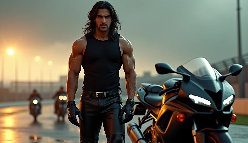 Karan singh grover with long hair, very bulky, muscular, black leather jacket, black leather pants