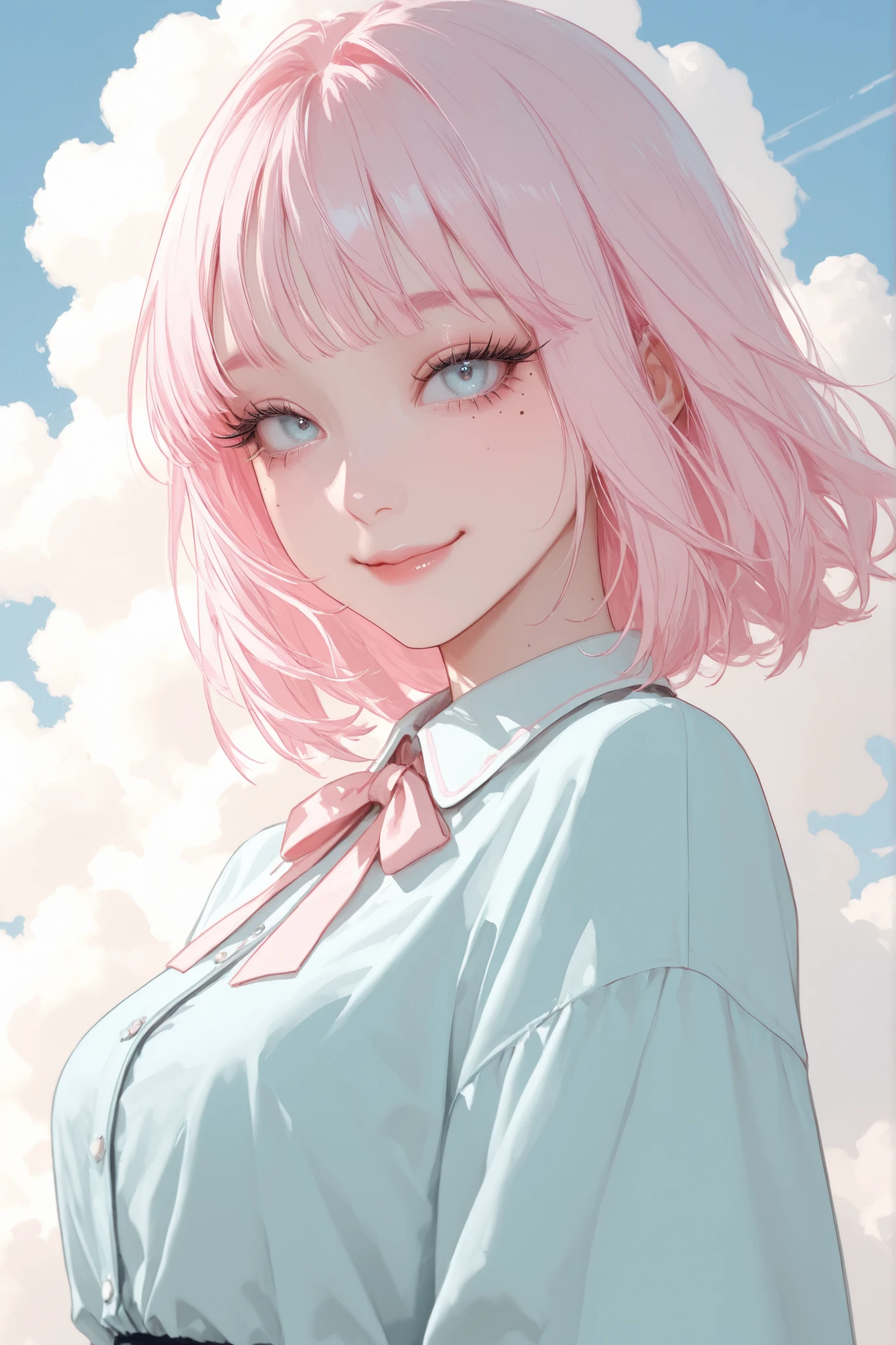 A beautiful girl, she has cute short light pink hair with bangs, light blue eyes, cute outfit, long eyelashes, cute smile, mole under her eye, on a background with clouds.