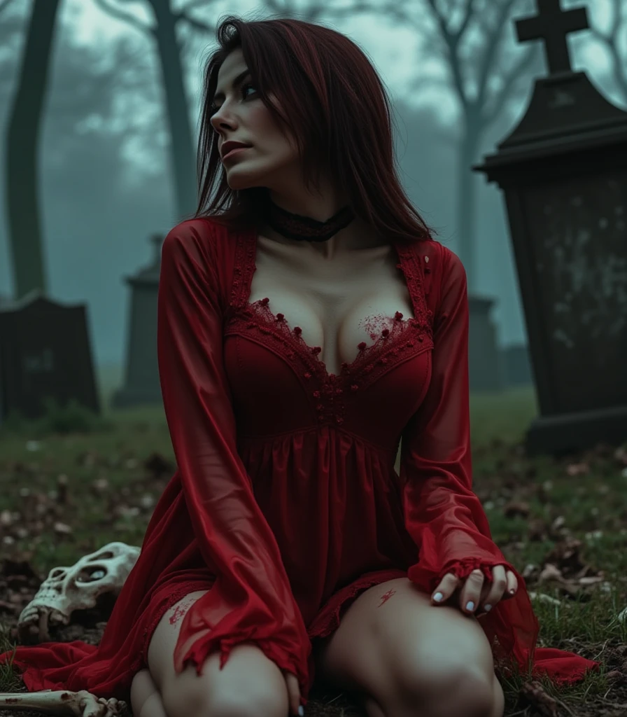 (a female vampire:1.1,fang,enormous breast:1.1,dark orange-red hair,blood cup,dark fantasy,cemetery background,tom bagshaw:1.1),[oil painting:0.9],[elegant:0.9],(best quality,4k,8k,highres,masterpiece:1.2),ultra-detailed,(realistic,photorealistic,photo-realistic:1.37),horror,gloomy lighting,rich color palette