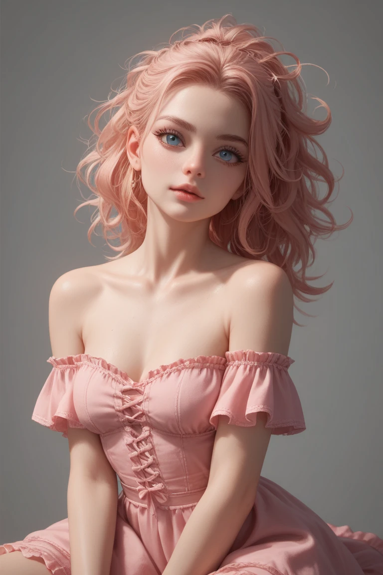 (masterpiece),(best quality:1.5),(highres), wallpaper 8k, detail skin, detail face, detail eyes, 1girl, solo, pink hair, blue eyes, black dress, medium breasts, standing, full body, indoor, simpel blackground, realistic,