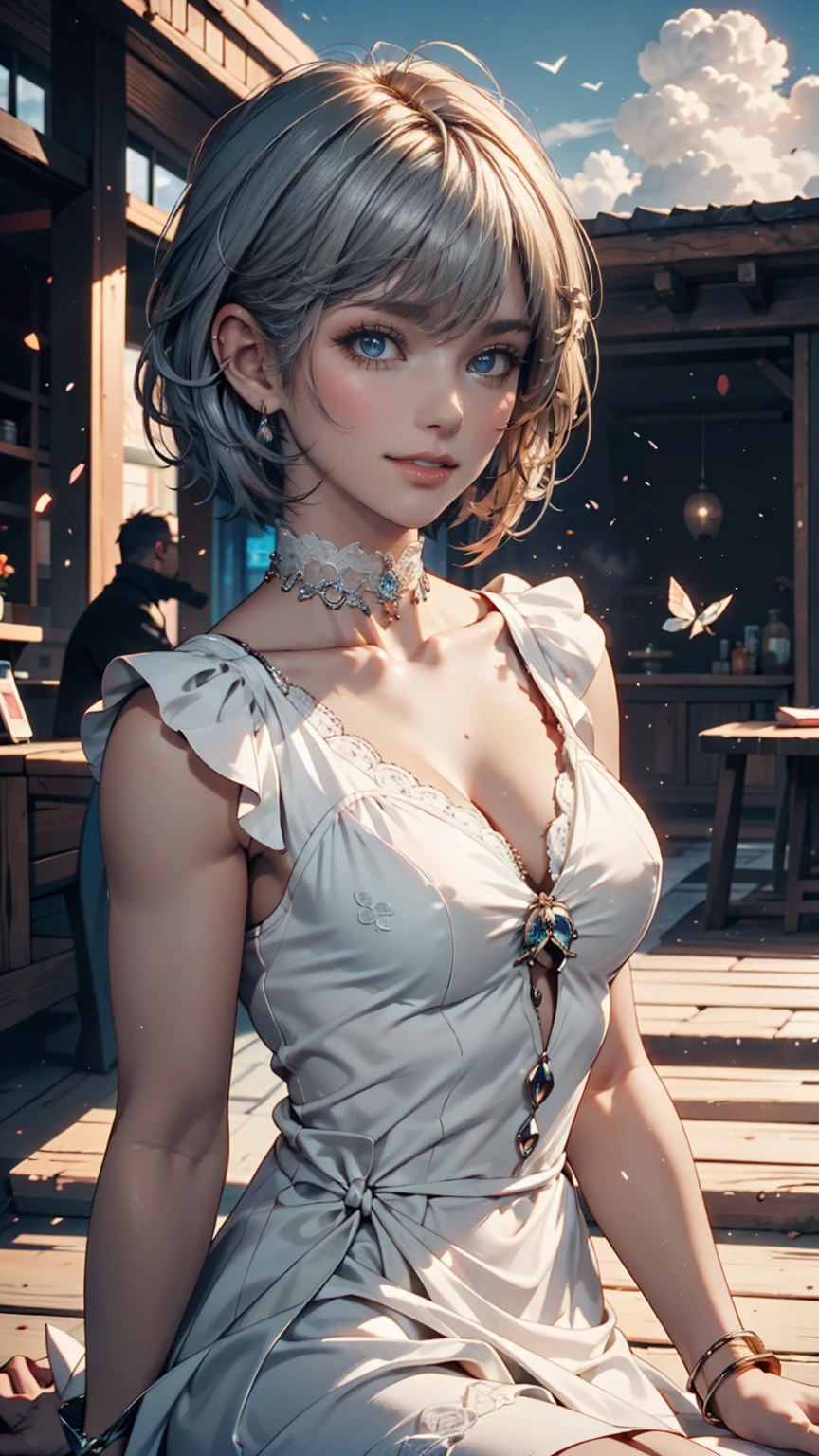 24-year-old female、Blonde、Pixie Cut Hair((pixie cut))、Lace choker、necklace、Oval Neck((oval neck))Tops、sheer leggingules、Silver accessories on the wrist、Manicure、Peticure、Duck mouth